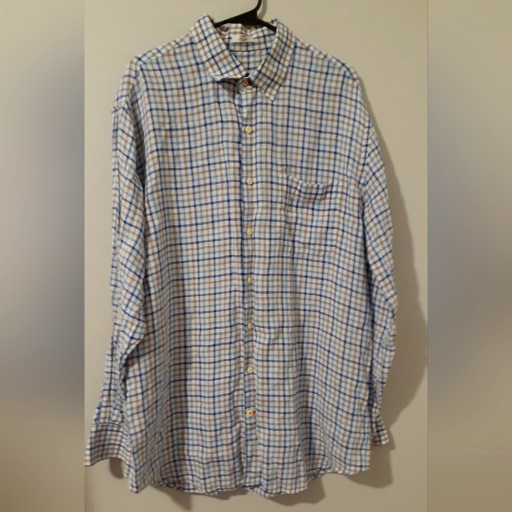 Peter Millar Shirt Mens Large Button Front Blue Grey Tattersall Check Twill